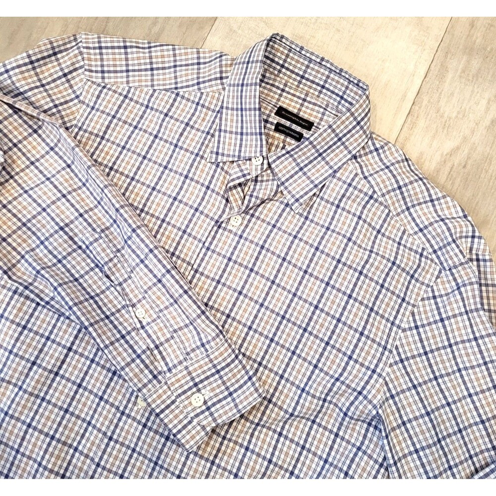 Ermenegildo Zegna Blue Plaid Button-Up Shirt Men’s Small 100% Cotton Made Turkey